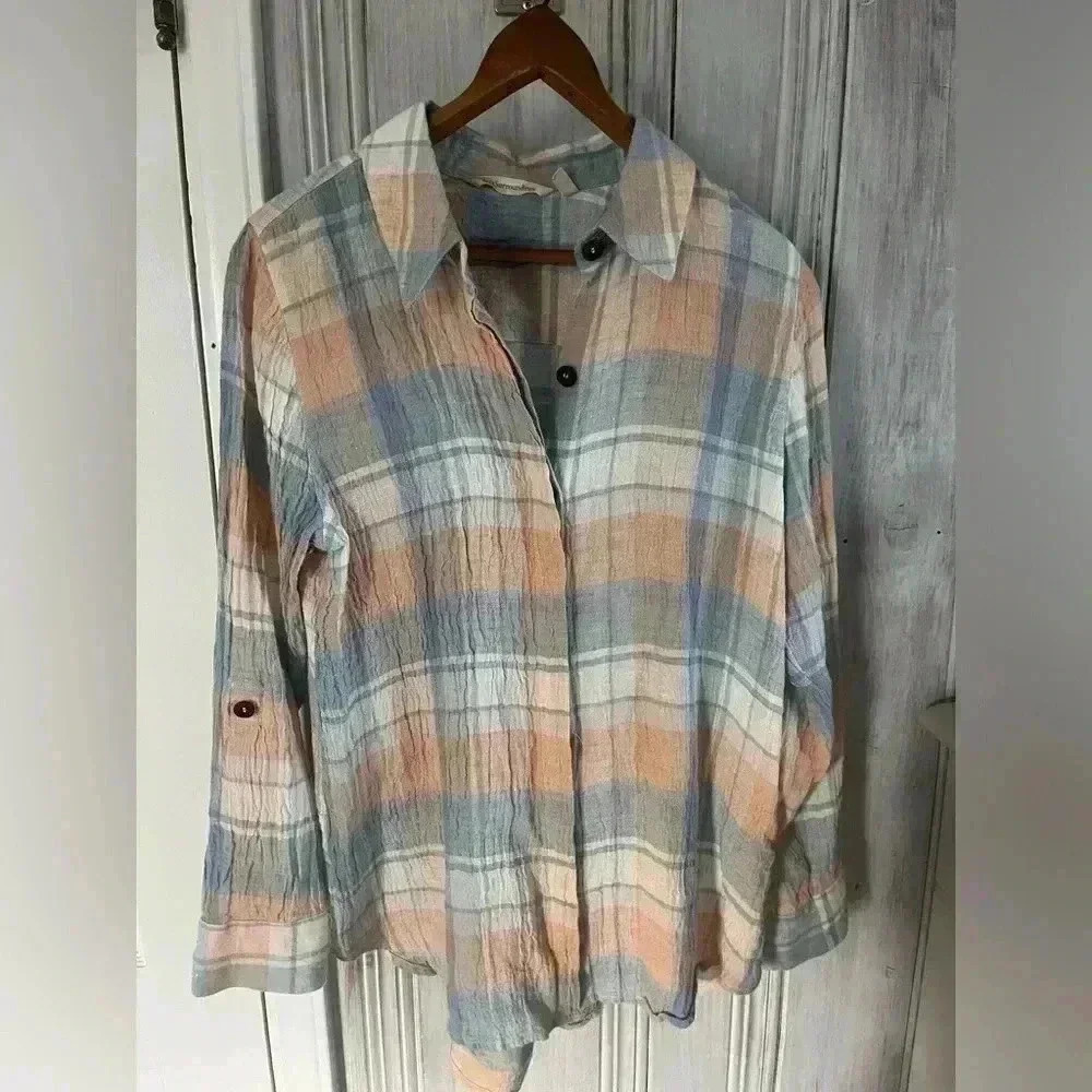 SOFT SURROUNDINGS Linen Pastel Plaid Button Down Tunic XS Laggenlook preppy prep - Picture 3 of 9